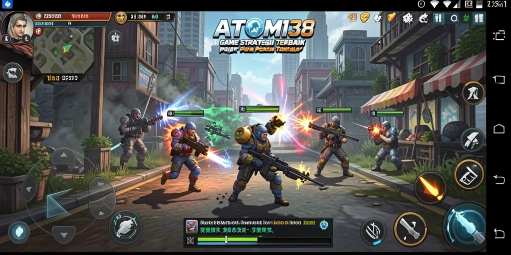 Screenshot game ATOM138 menampilkan pertempuran strategi yang intens.
