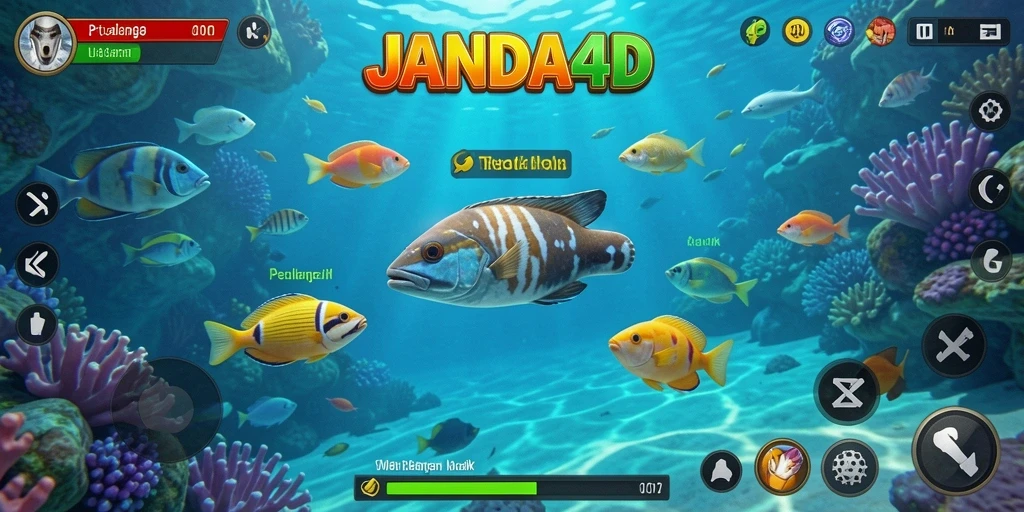 Gambar tampilan gameplay JANDA4D yang seru dengan aksi menembak ikan.