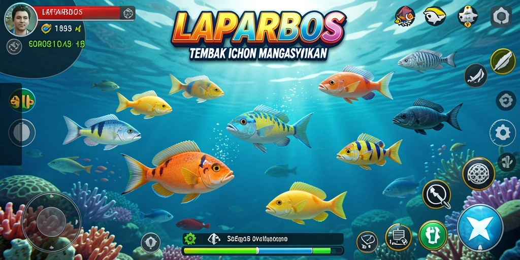 Screenshot utama LAPARBOS dengan tampilan menakjubkan dari gameplay Tembak Ikan.