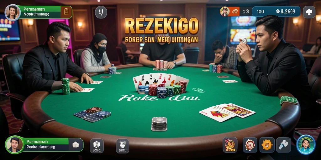 Screenshot gameplay <strong>REZEKIGO</strong> menampilkan suasana bermain Poker yang intens.