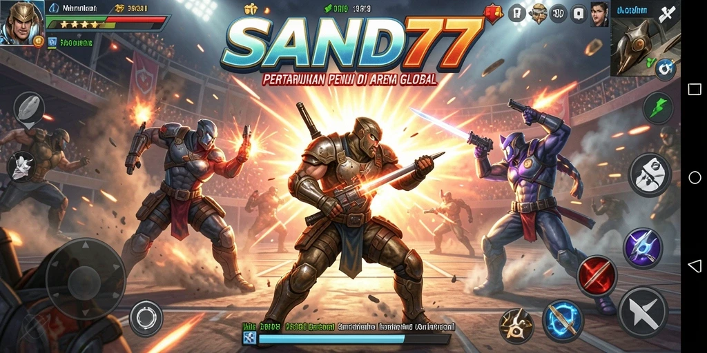 Screenshot permainan SAND77 menampilkan karakter bertarung di arena dengan grafis yang memukau.