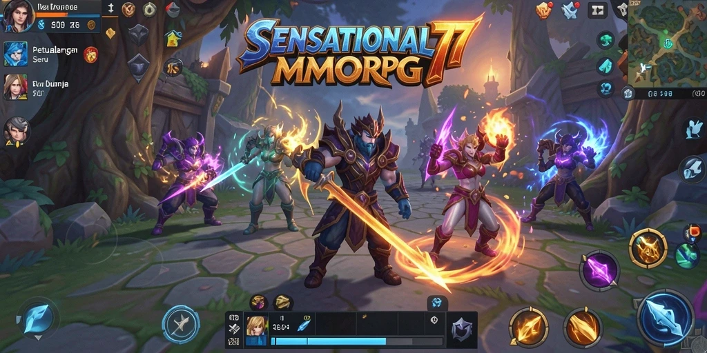 Screenshot utama menampilkan aksi seru dalam gameplay MMORPG SENSATIONAL77.